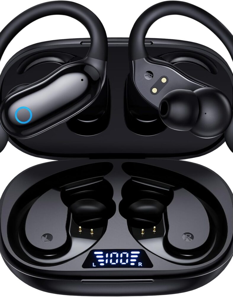 GNMN Active Noise Cancelling Ear Buds Wireless Earbuds 96hrs Playback Bluetooth Headphones Dual Battery Display Stereo Bass Earphones with Earhooks Microphone IPX7 Waterproof for Sports/Runing/Workout