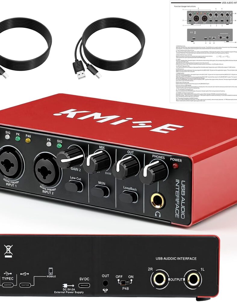 Kmise USB Audio Interface, Computer Recording Audio Interfaces with 48V Phantom Power for Recording, Studio Quality Sound, Compatible with Guitarists, Vocalists, Podcasters (USB Type-C)